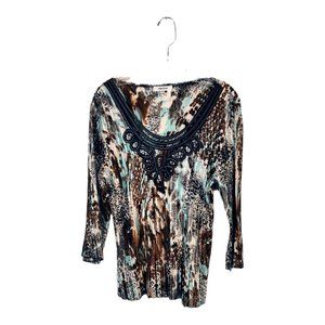 Appraisal Women's Pleated 3/4 Sleeve Blouse Stretchy size L Blue/Brown/black